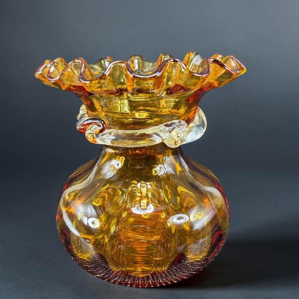 Amber Mid Century Hand Blown Glass Ruffled Bud Vase with Clear Rigaree 3inch